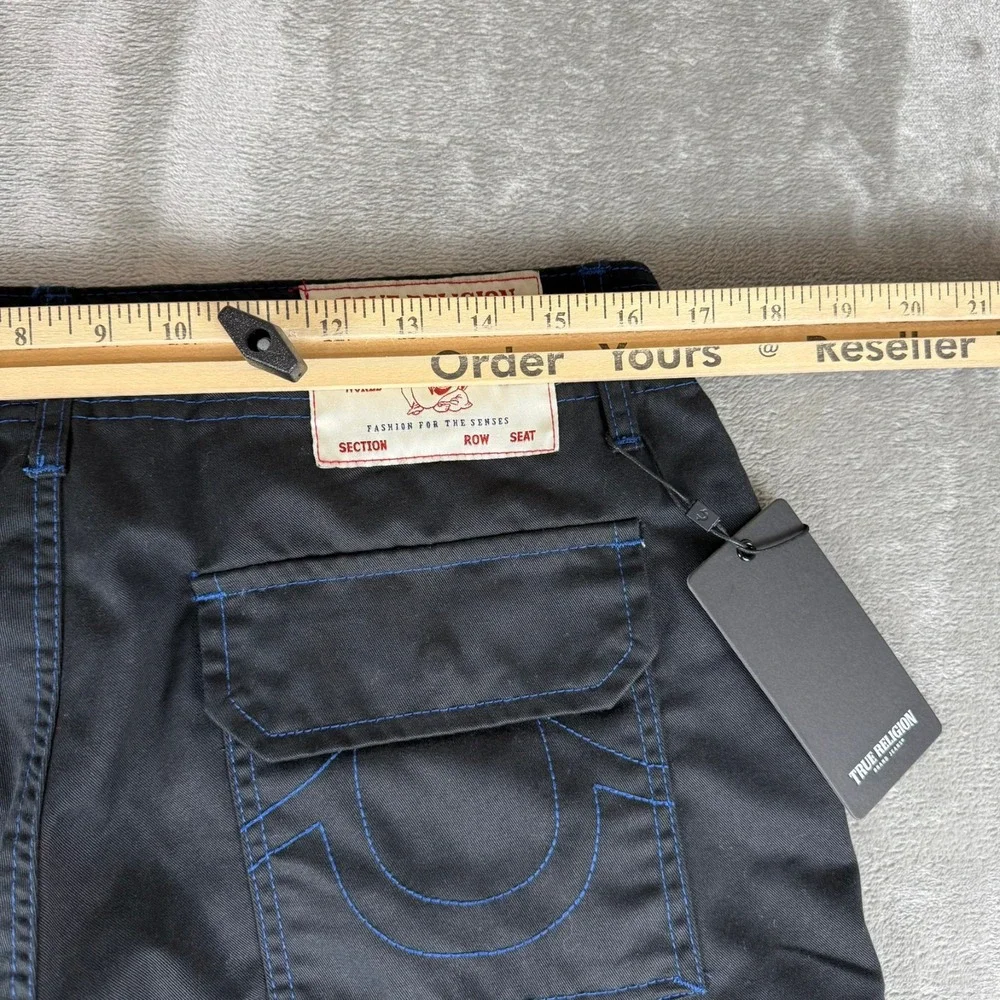 True Religion Cargo Pants Mens 30x32 Jet Black w/ Blue Stitching $164 New NWT